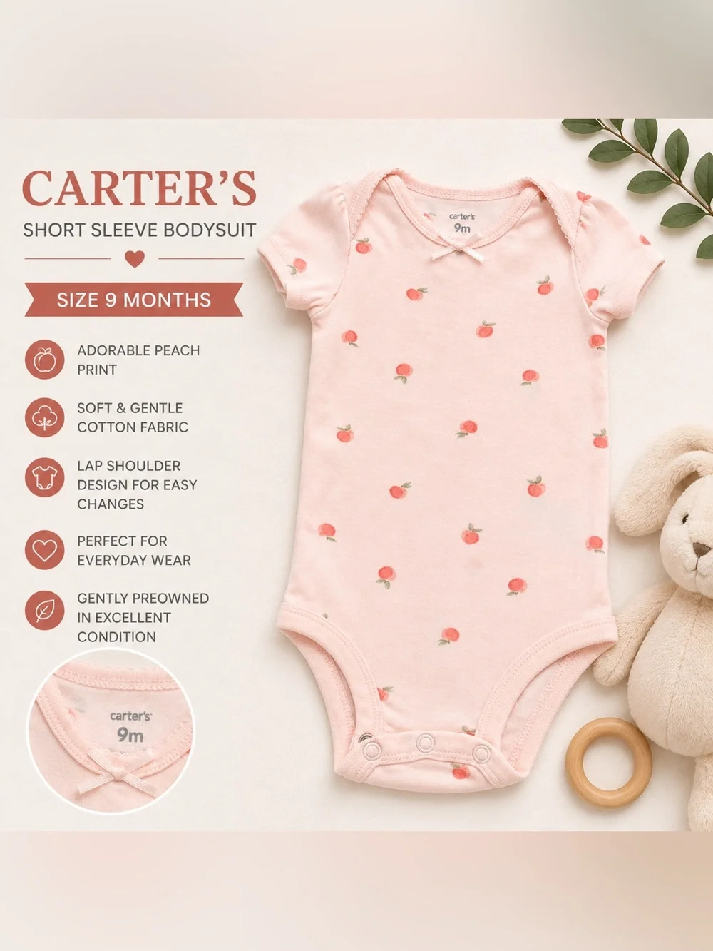 Carter’s Pink Peach Print Short Sleeve Bodysuit | Size 9 Months